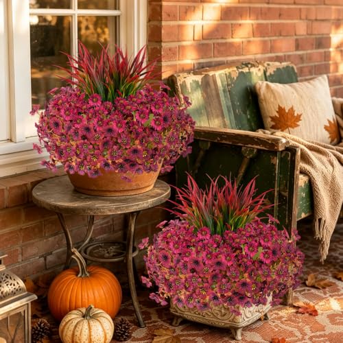 18 Pcs Artificial Fall Flowers for Outdoor, UV Resistant Fake Mums & Grass - color: Burgundy