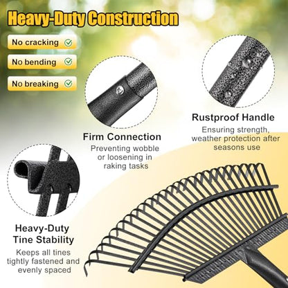 Rake for Leaves: Heavy Duty Metal Leaf Rake with 25 Tines- 18" Wide Head, 79" Splicing Handle, Durable Steel Yard Lawn, Garden,Camping Clean Gardening Tools for Thatch Grass Leaves Gravels Mulch - style: 25 tines-6ft