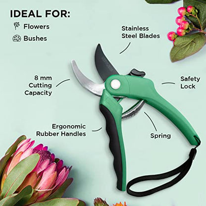 Nevlers 8" Green Bypass Pruning Shears Heavy Duty Pruning Scissors - color: Green, size: Bypass