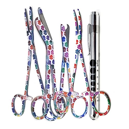 5 pc Bandage Scissors 5.5", Stitch Scissors 4.5", Hemostat 5.5" Straight & Curved, Diagnostic Penlight Made of Premium Quality Stainless Steel - For Training Emergency Supplies & First Aid Kit (White) - color: White