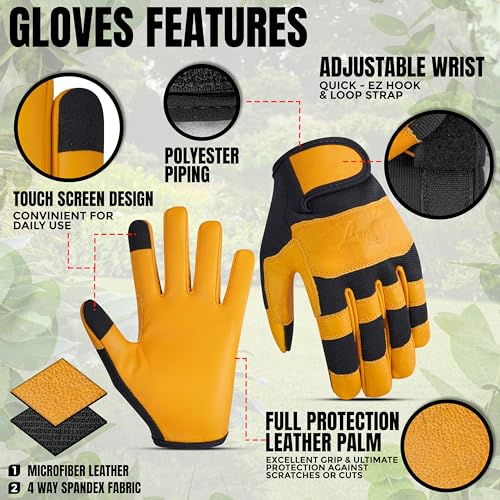 HADIZ Leather Gardening & Working Gloves Men & Women Rose Pruning Breathable Thorn Proof & Garden Tweezer Set - size: Medium