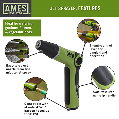 AMES Hose Nozzle Sprayer with High Pressure, Heavy Duty Adjustable Spray, Mist, Cone or Jet, For Lawn or Garden, Soft Grip, Green/Black - style: Jet Spray