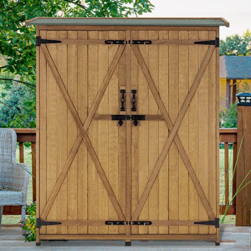 MCombo Outdoor Storage Cabinet with Shelves, Wood Garden Shed with Floor, Outside Tool Shed with 2 Lockable Doors for Yard Patio Lawn, 1400 (Natural) - color: Natural