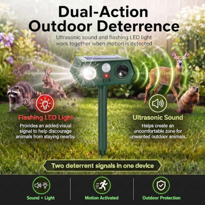 2026 Upgraded Solar Ultrasonic Animal Repeller Outdoor,Deer Repellent Devices with Motion Sensor & LED Flashing Light, Cat Deterrent for Yard,Garden,Rabbit, Squirrel, Raccoon, Dog,4 Pack Green