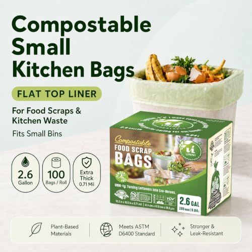 UNNI 2.6 Gallon Compostable Bags, 600 Count, 10 Liter, Extra Thick 0.71 Mil - size: 600 Count (Pack of 1), style: 2.6 Gallon
