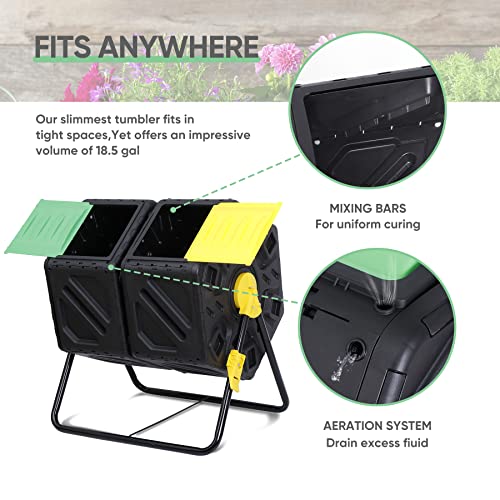F2C Dual Chamber 37 Gallon Compost Tumbler All-Season Outdoor BPA Free Large Composter Bin w/ 2 Sliding Doors and Solid Steel Frame - size: 37 Gallon