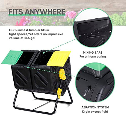 F2C Dual Chamber 37 Gallon Compost Tumbler All-Season Outdoor BPA Free Large Composter Bin w/ 2 Sliding Doors and Solid Steel Frame - size: 37 Gallon