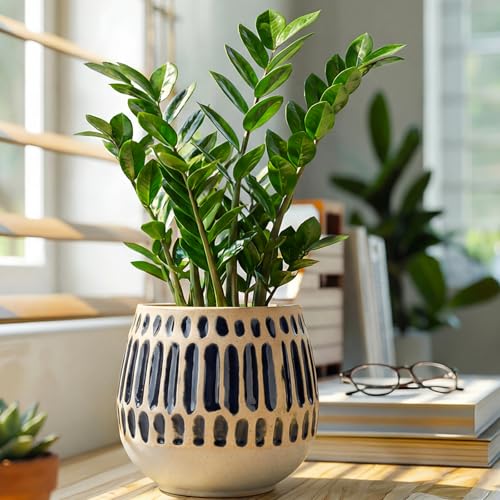 Ceramic Planter 5 Inch Succulent Flower Pot with Blue Stripe - color: Corrugation