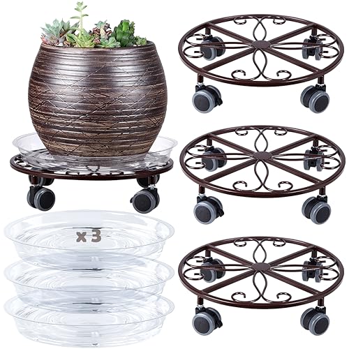 3 Pack Plant Caddy with Wheels & Saucers, Heavy Duty 13.5 Inch Metal Plant Stand with Wheels, Plant Dolly Rolling Plant Stand Plant Roller with Casters for Indoor and Outdoor, Bronze