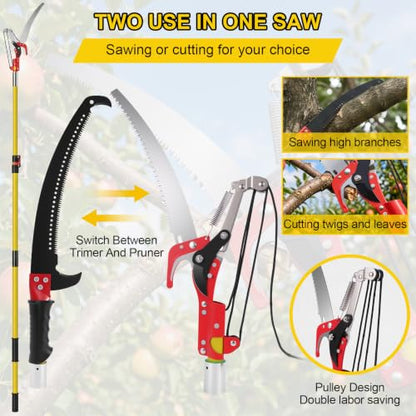 7.3-27FT Extendable Pole Saw with Scissors, Lightweight 8 Section Fiberglass Pole, Sharp High Carbon Steel Double-Hook Saw, Manual Tree Trimmer for High Branch Trimming,Lawn and Garden
