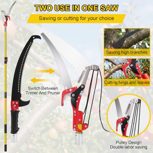 LEVELEVE Manual Pole Saw, 7.3-27 ft Extendable Tree Pruner, High Carbon Steel Double-Hook Blade with Scissors,Lightweight 8 Fiberglass Handles, Manual Branch Trimmer for High Branches,Palms and Shrubs