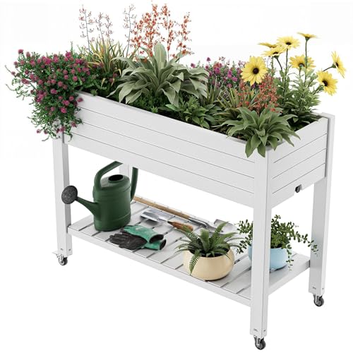 Elevated Raised Garden Bed with Wheels,Outdoor Large Resin Patio Planter Box Stand Divisible with Drain Plug,Water Monitor for Plants Vegetables Flowers Fruits(Ashen) - color: Ashen, size: 43.31*17.72*33.66