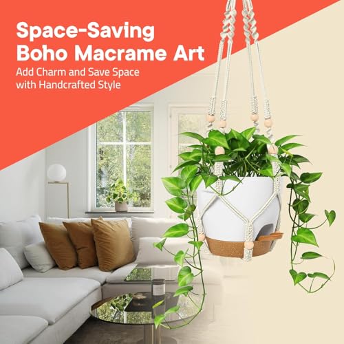 White Hanging Self Watering Pots with Macrame Ivory Rope, 3 Pack Indoor & Outdoor Hanging Plant Pots with Built-in Reservoir, Wick Rope, Drainage Holes & Hooks, Stylish Boho Decor Hanging Planter - color: White