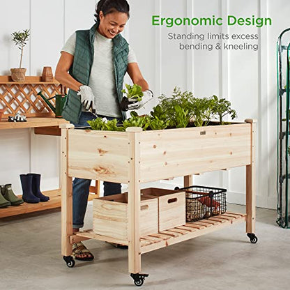Best Choice Products Raised Garden Bed 48x24x32-inch Mobile Elevated Wood Planter w/Lockable Wheels, Storage Shelf, Protective Liner - Natural - color: Natural