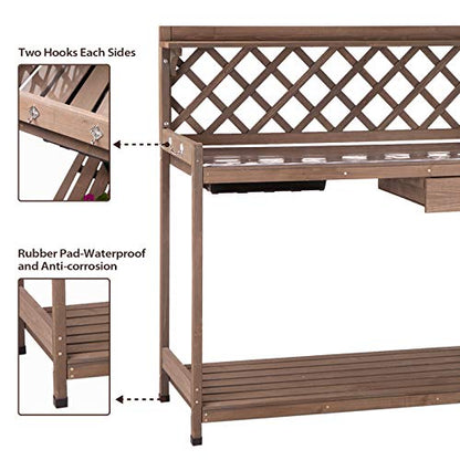 GUTINNEEN Potting Bench Garden Table for Plants Outside Outdoor Wooden Garden Work Bench with Sink Storage PVC Layer Drawer Shelf Hook for Gardening