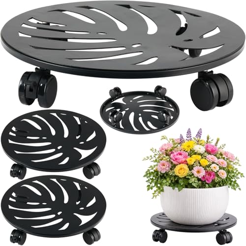 3-pack 13.5 Inches Round Metal Plant Caddy with Wheels Heavy Duty Large Rolling Plant Stand Indoor Outdoor Wheeled Planter Dolly Cart with Lockable Casters Flower Pot Mover Roller Trolley, Black - size: 13.5 in - 3 packs