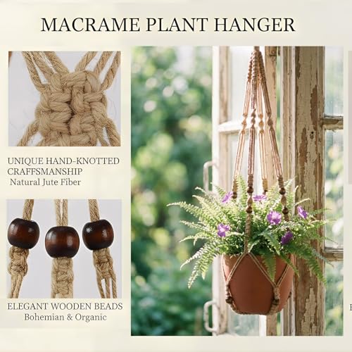 Macrame Plant Hanger 35", No Tassel Hanging Plant Holder, Sturdy Flower Pot Holder with 2 Hooks - Brown - color: Brown, size: 35"-1pc