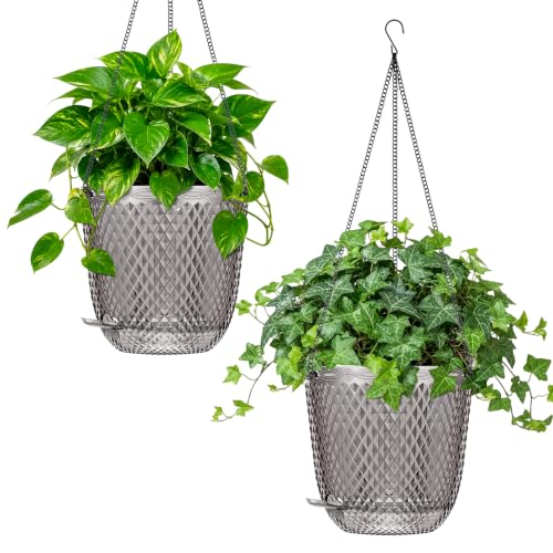 QCQHDU 7.2 Inch Hanging Flower Pots for Indoor Outdoor Plants,Self Watering Planter Hanging Basket,Plastic Plant Hanger with Drainage Holes and 3 Hooks for Window Porch Garden Balcony, (Grey) 2 Pack - color: Gray, size: 7.2"+7.2"