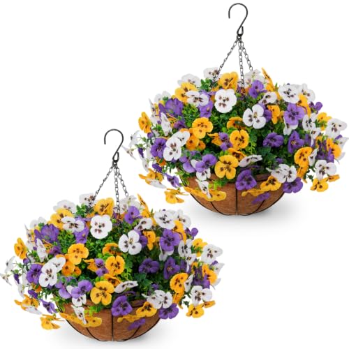 2 Set Artificial Hanging Flowers with Basket for Outdoor Decor - color: Pansy
