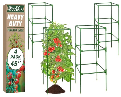 ZeeDix 4 Pack Square Tomato Cages for Garden with Clips 45 Inch - color: Green-4 Pack, size: 45-inch