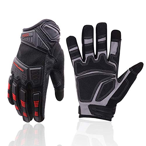 HANDLANDY Mens Work Gloves Touch screen, Utility Mechanic Gloves, Flexible Breathable Fit- Padded Knuckles & Palm - color: Black Red, size: Large