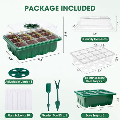 Seed Starter Kit with Humidity Dome, 5 Packs 60-Cell Trays - size: 60-Cell Seed Starter Kit with Humidity Dome 5 Pack