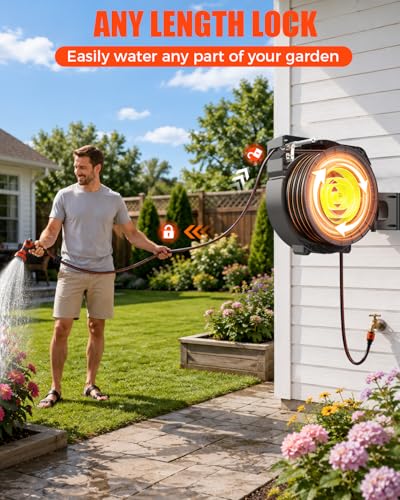 130FT Retractable Garden Hose Reel 1/2 Inch, Heavy Duty Wall Mounted Water Hose with Metal Bracket, Auto-Lock, Slow Return, 180° Swivel & 9-Pattern Spray Nozzle, UV Resistant Outdoor