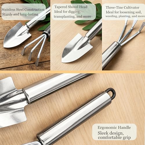 Garden Trowel, Mini Stainless Steel Hand Shovel Garden Rake 2 Pack - color: Mini Silver
