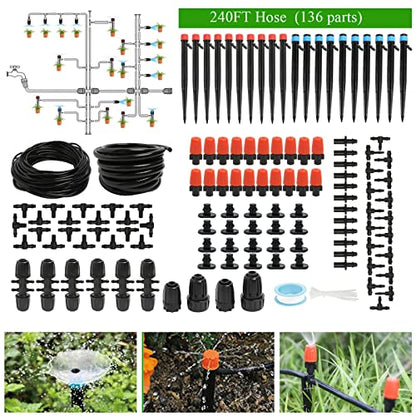 Maotong 240FT Drip Irrigation System Kit, Automatic Garden Watering Misting System for Greenhouse, Yard, Lawn, Plant with 1/2 inch Hose 1/4 inch Distribution Tubing and Accessories - size: 240 FT (40 FT 1/2" + 200 FT 1/4")