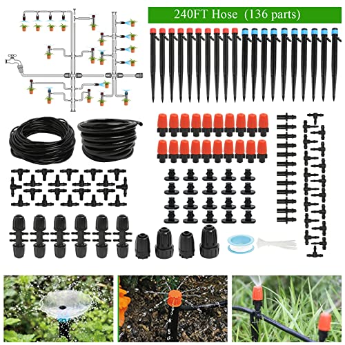 Maotong 240FT Drip Irrigation System Kit, Automatic Garden Watering Misting System for Greenhouse, Yard, Lawn, Plant with 1/2 inch Hose 1/4 inch Distribution Tubing and Accessories - size: 240 FT (40 FT 1/2" + 200 FT 1/4")