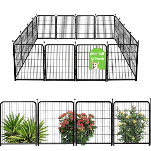 Getlay Doorless 48 in(H) Decorative Garden Fence and Borders, 12 Panels Total 26.6 Ft(L), Outdoor Dog Fence, Fencing for Garden Beds, Dog Play Pen Outdoor, Flower Bed Fencing, Black