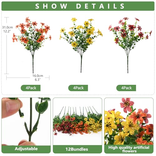 Homsunny Artificial Fall Flowers for Outdoor Planters Fake Mums Home Decor - color: 4 Yellow +4 Brown +4 Orange, size: 12 PCS