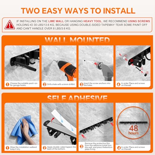 5 Grippers Broom Holder Wall Mount with 4 Hooks Stainless Steel, Black - color: C-Black, size: 5PCS Gripper
