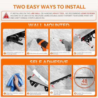 5 Grippers Broom Holder Wall Mount with 4 Hooks Stainless Steel, Black - color: C-Black, size: 5PCS Gripper