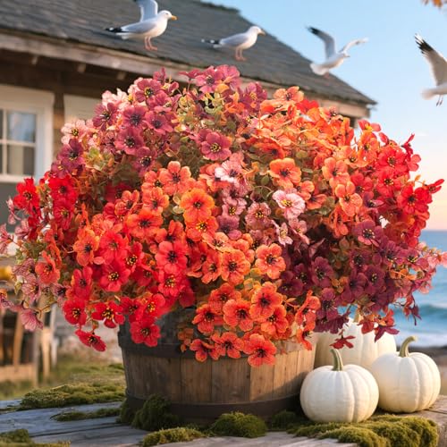 Grunyia 20 Bundles UV Resistant Artificial Fall Flowers - Fake Autumn Plants for Autumn Indoor Outdoor Garden Patio Fireplace Window Box Kitchen Home Decor (Fall Orange Mix) - color: Fall Orange Mix