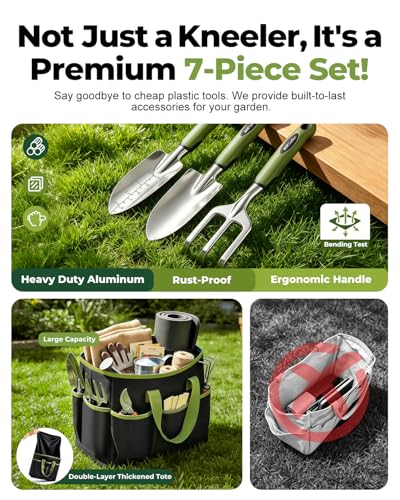 Garden Stool & Kneeler 7-Piece Set with 3 Aluminum Tools, Double-Layer Tote Bag & 2 Side Pouches - Foldable Gardening Bench Kit - Ideal Gifts for Women Mom Seniors (Light Green) - color: Light Green