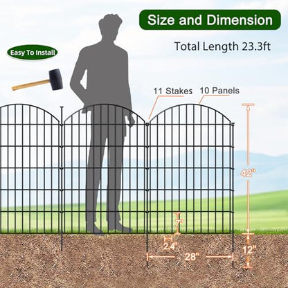Metal Garden Fence 42 in x 23.3 ft, Tall Outdoor Dog Fence Panel for Yard - size: 42"Hx23.3ft (10Panels)