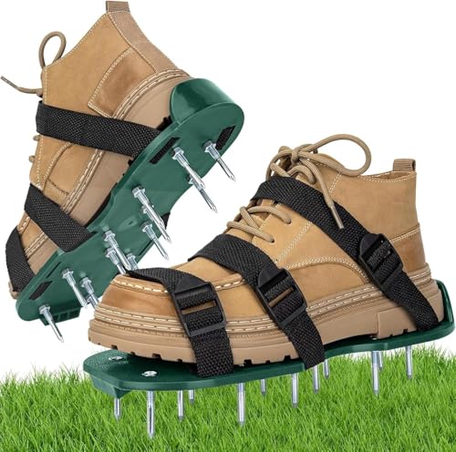 Lawn Aerator Spike Shoes, Green, Heavy Duty Spiked Soles with Straps, One Size Fits All Men Women Shoes 6-11, 11.8x5 Inch, Quick Installation Garden Tool