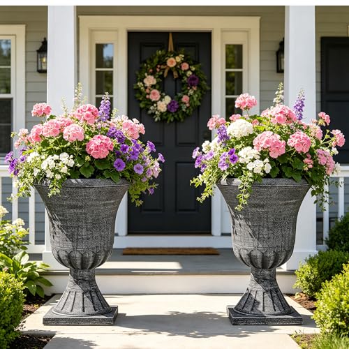 Autodaya 22" Large Pots for Plants Outdoor, Washed Black Planters Set of 2 - color: Urn Planters Black-22"