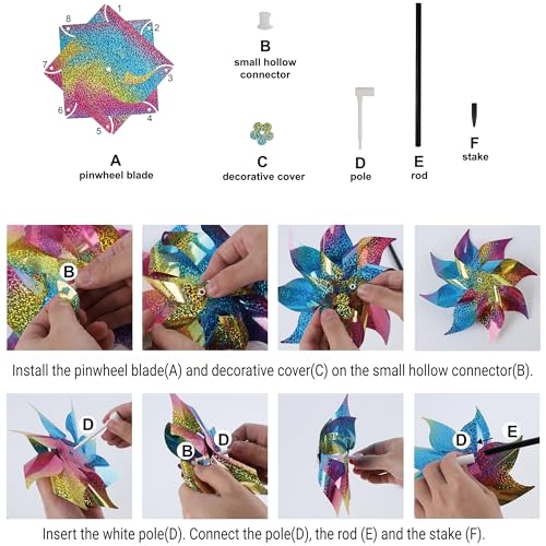 Hausse 10 Pack Reflective Pinwheels Wind Spinner (Assembly Required), Extra Sparkly Rainbow Pinwheel with Stakes, Bird Repellent Blinder Devices Scare Birds Away from Yard Patio Farm Garden, Colorful - color: Colorful