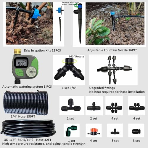 Drip Irrigation System with Water Timer Auto Watering System for Garden 5/16“ID and 1/4 Inch Pipe 162ft Adjustable Spray Kit, for Greenhouse, Garden, Lawn, and for Potted Plants - size: Kit 8a - 162 ft