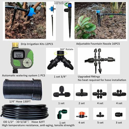Drip Irrigation System with Water Timer Auto Watering System for Garden 5/16“ID and 1/4 Inch Pipe 162ft Adjustable Spray Kit, for Greenhouse, Garden, Lawn, and for Potted Plants - size: Kit 8a - 162 ft