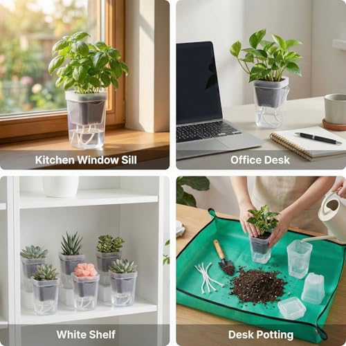 5 Pack 2" Mini Self Watering Pots for Indoor Plants, Clear Plastic Nursery Pots with Drainage Holes for Succulents, Cuttings, Herbs, Includes 50x50cm Gardening Mat