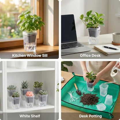5 Pack 2" Mini Self Watering Pots for Indoor Plants, Clear Plastic Nursery Pots with Drainage Holes for Succulents, Cuttings, Herbs, Includes 50x50cm Gardening Mat