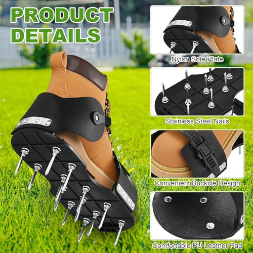 M METERXITY 1-Set Lawn Aerator Shoes Aerator Shoes with Loop Strap and Hook Buckle with 26 Nails 5cm Lawn Soil Aeration Shoes for Patios/Gardens/Yards [Black]