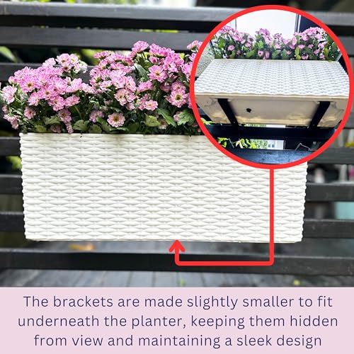 LaLaGreen Outdoor Rail Planter for Balcony (20 Inch, 2 Pack) Large White Self Watering Railing Planters with Brackets, Rectangular Plastic Fence Modern Window Boxes Designer Choice with Rattan Pattern - color: White X 2