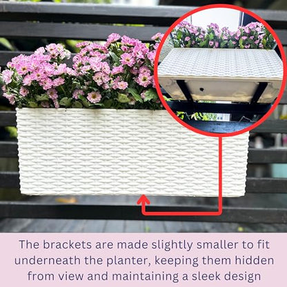 LaLaGreen Outdoor Rail Planter for Balcony (20 Inch, 2 Pack) Large White Self Watering Railing Planters with Brackets, Rectangular Plastic Fence Modern Window Boxes Designer Choice with Rattan Pattern - color: White X 2