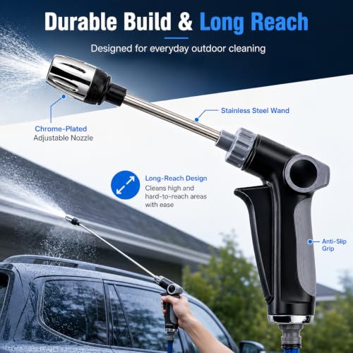 2026 Upgraded High Pressure Jet Nozzle Power Washer for Garden Hose, Water Jet Sprayer Wand with Foam Bottle, 3 Connectors and Chenille Wash Mitt for Car Washing, Patio, Lawn, Garden