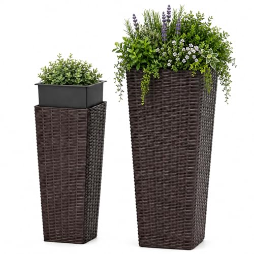 GIANTEX Planters for Outdoor Plants Set of 2, 32" & 24" Tall Tapered Plants - color: Brown, size: 12''x12''x32''