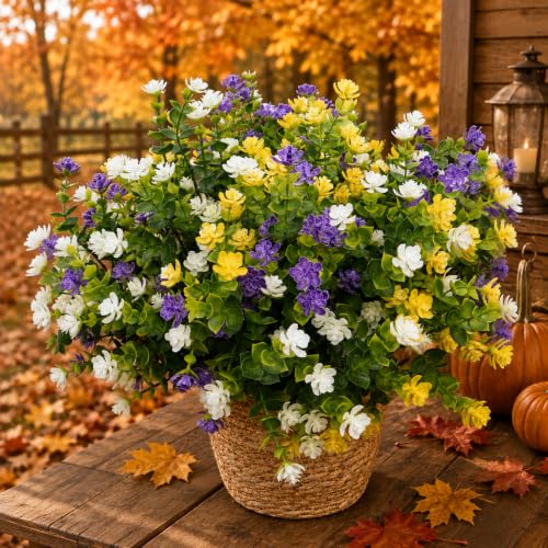 UV Resistant Artificial Flowers for Indoor and Outdoor Use, 12 Bundles Not-Fading Faux Plants for Porch, Patio, Garden, and Home Decoration - Yellow Purple White - color: Yelow+ Purple+ White